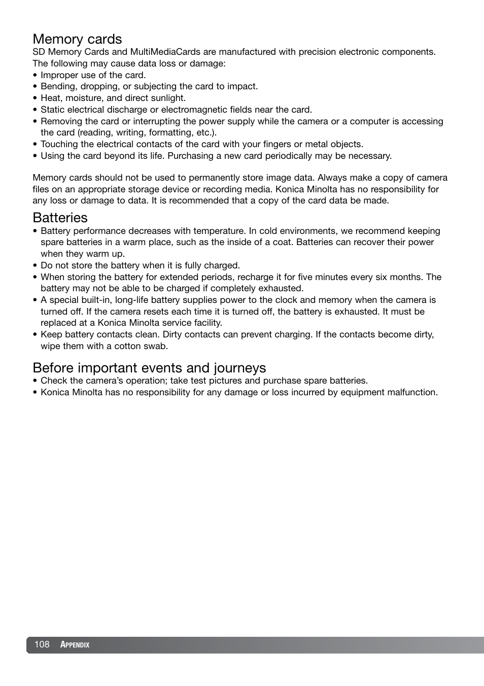 Batteries, Before important events and journeys | Konica Minolta DiMAGE X21 User Manual | Page 108 / 112