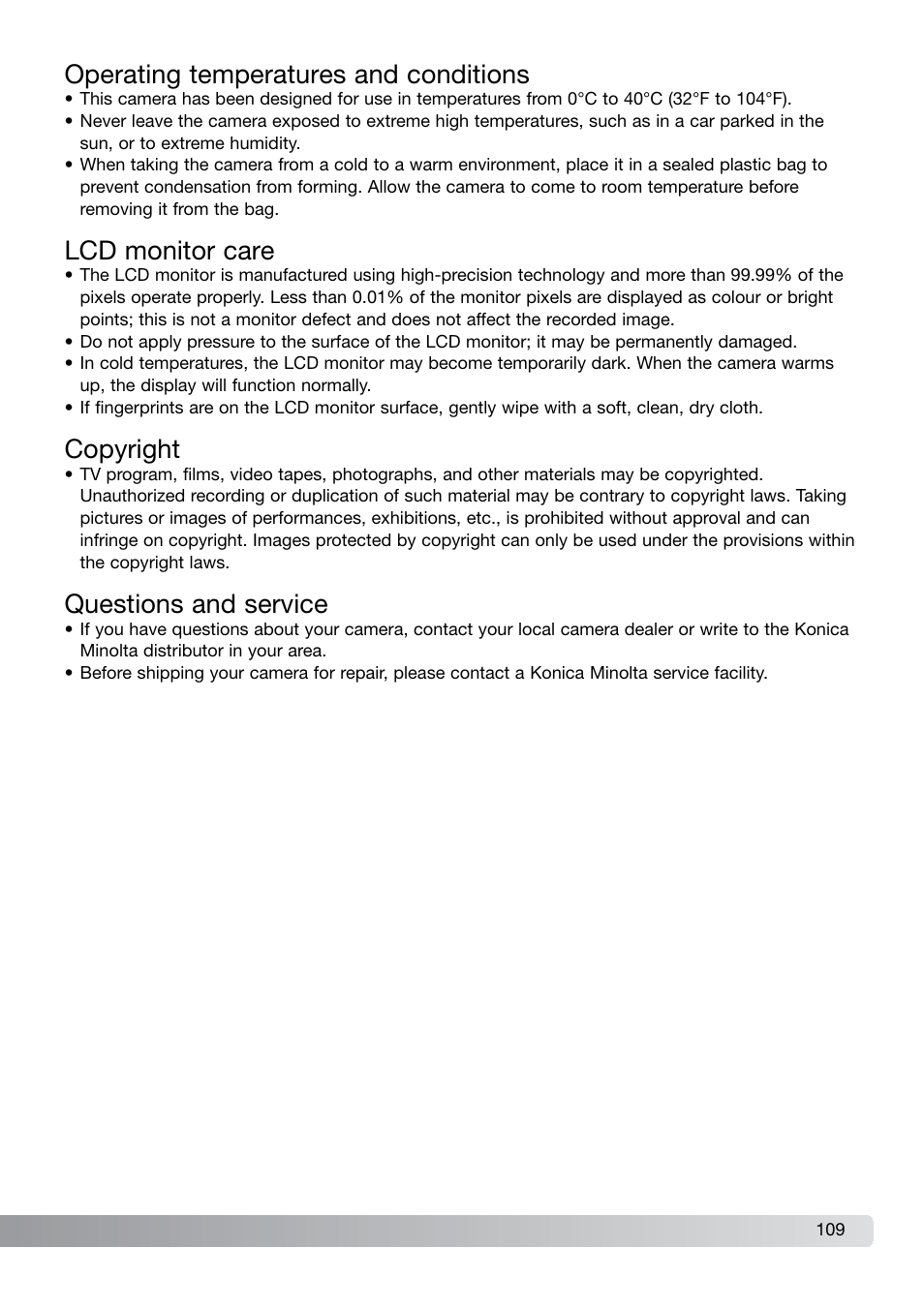 Operating temperatures and conditions, Lcd monitor care, Copyright | Questions and service | Konica Minolta DiMAGE X21 User Manual | Page 109 / 112