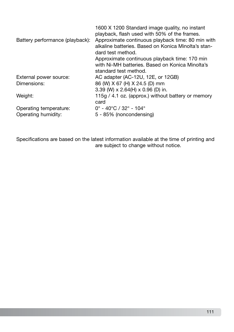 Konica Minolta DiMAGE X21 User Manual | Page 111 / 112