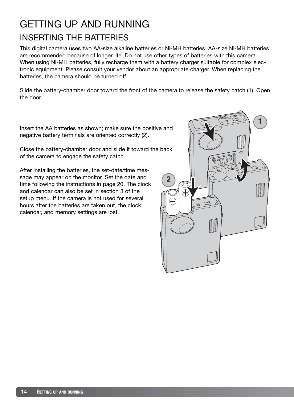 Getting up and running, Inserting the batteries | Konica Minolta DiMAGE X21 User Manual | Page 14 / 112