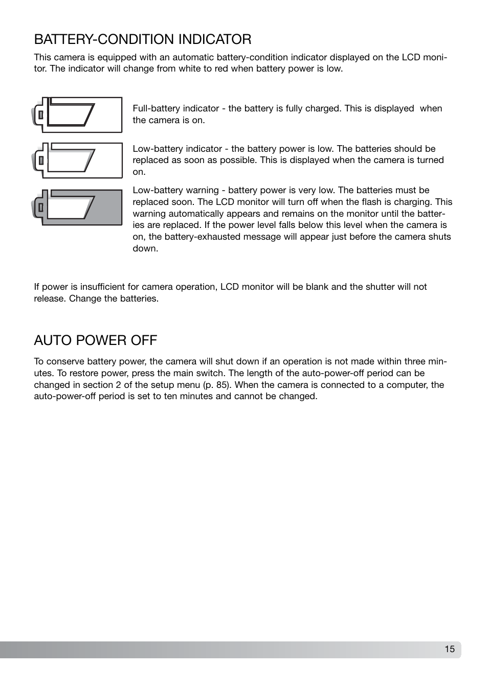 Battery-condition indicator auto power off, Battery-condition indicator, Auto power off | Konica Minolta DiMAGE X21 User Manual | Page 15 / 112