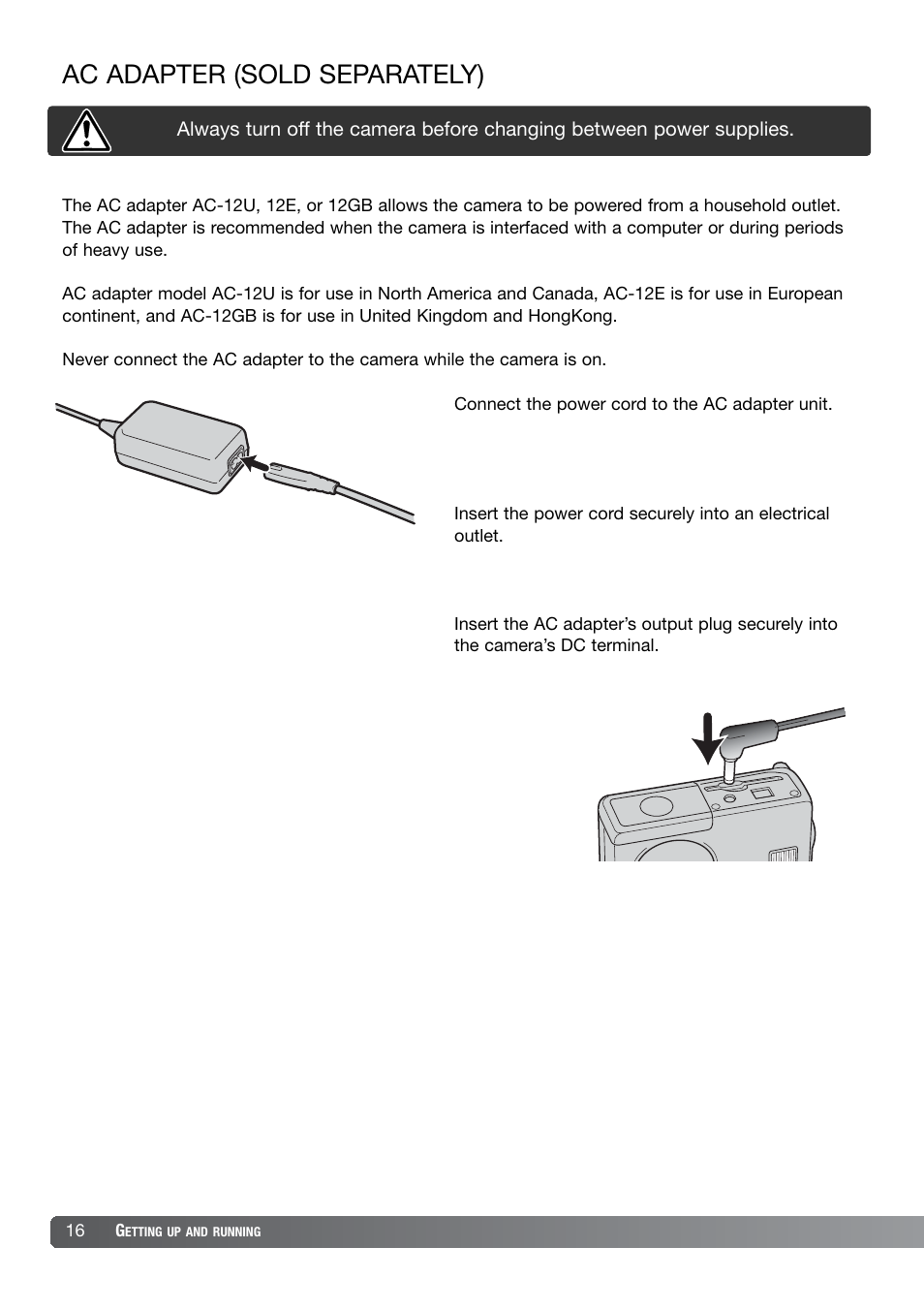 Ac adapter (sold separately) | Konica Minolta DiMAGE X21 User Manual | Page 16 / 112