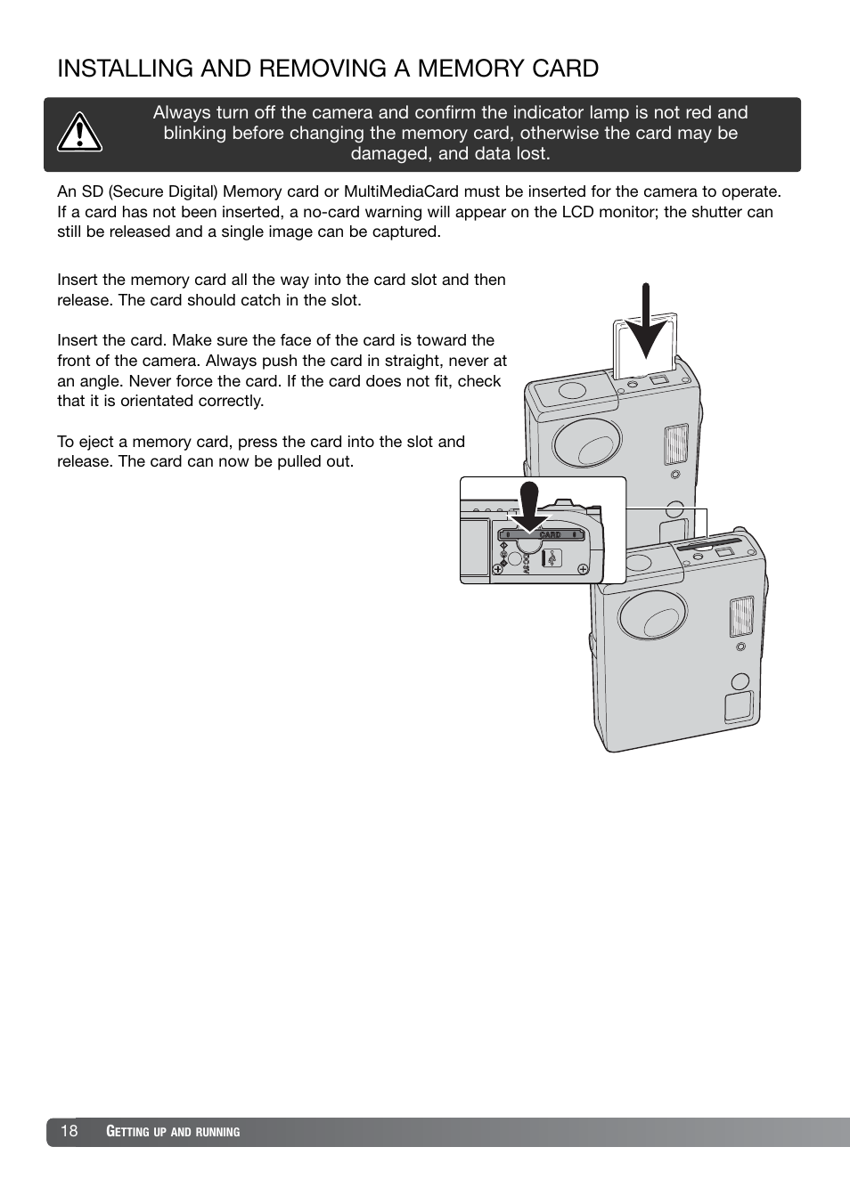 Installing and removing a memory card | Konica Minolta DiMAGE X21 User Manual | Page 18 / 112