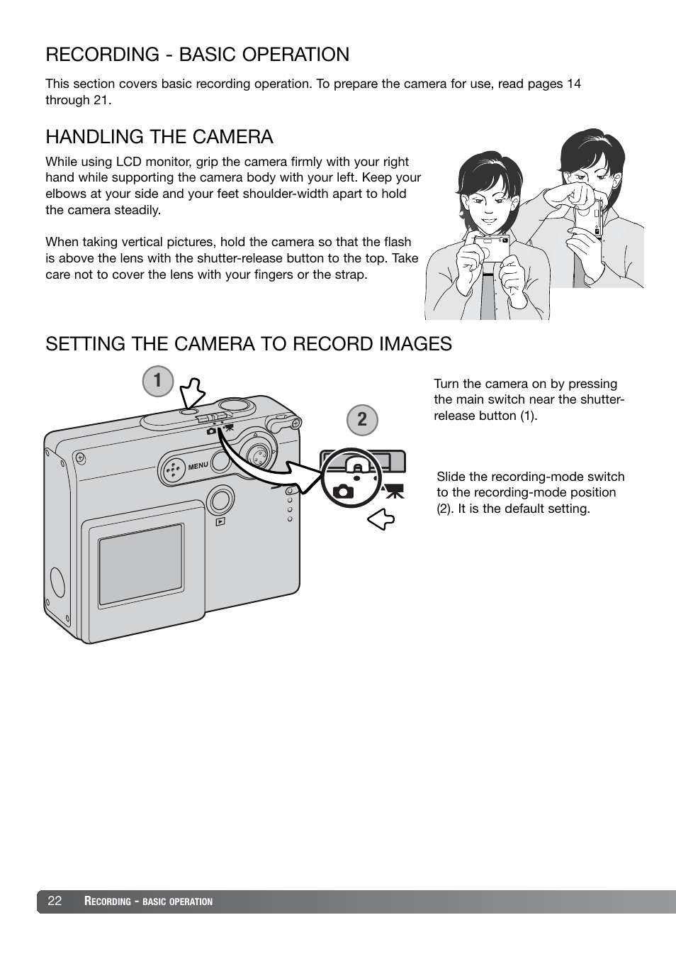 Recording - basic operation, Handling the camera, Setting the camera to record images | Konica Minolta DiMAGE X21 User Manual | Page 22 / 112