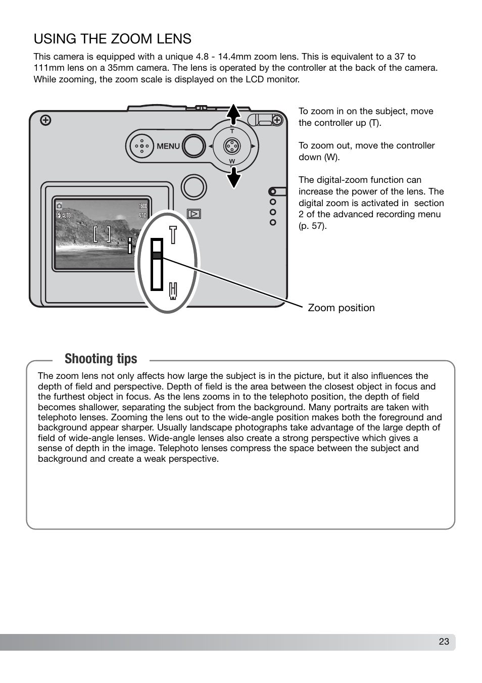 Using the zoom lens, Shooting tips | Konica Minolta DiMAGE X21 User Manual | Page 23 / 112