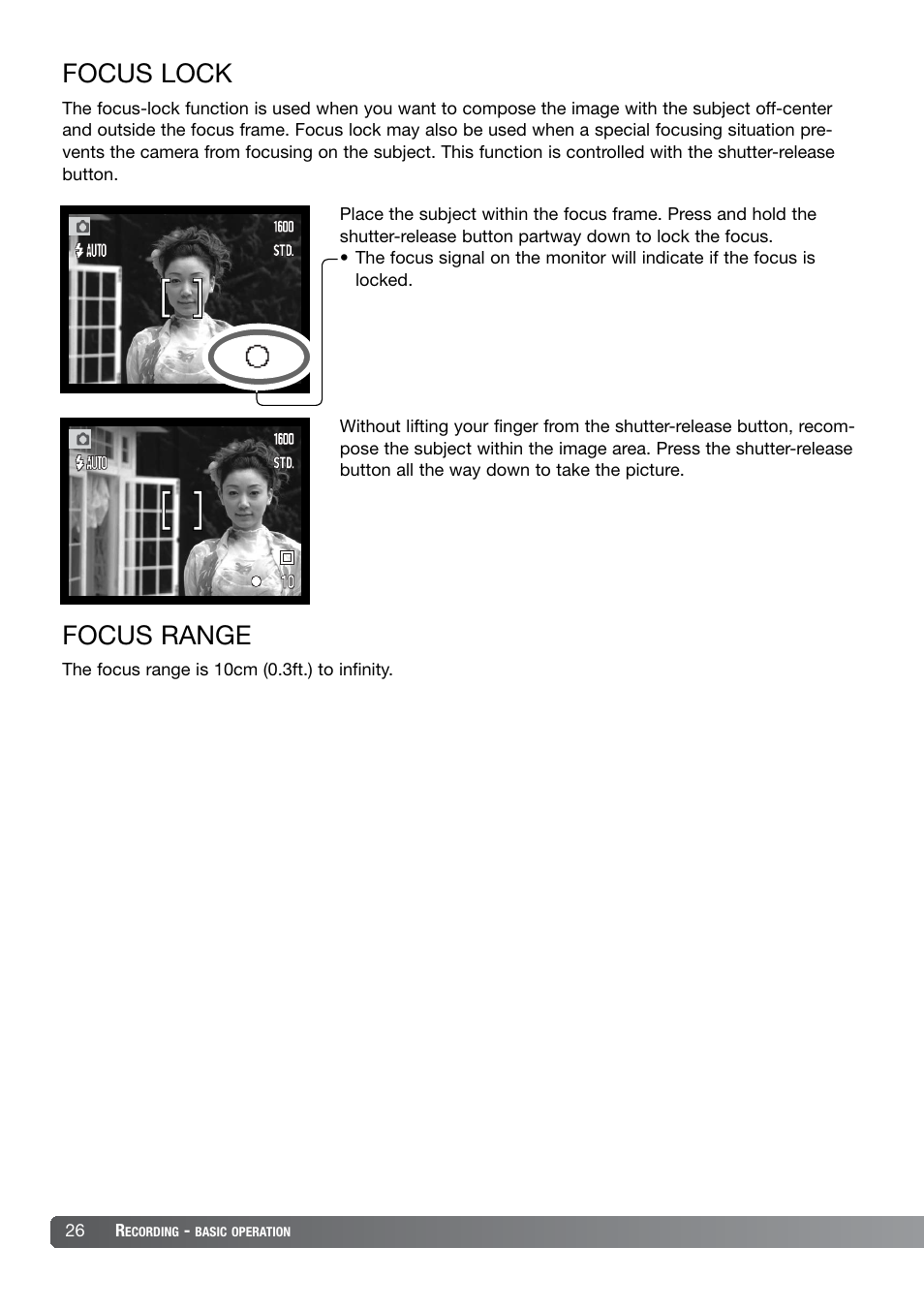 Focus lock focus range, Focus lock, Focus range | Konica Minolta DiMAGE X21 User Manual | Page 26 / 112