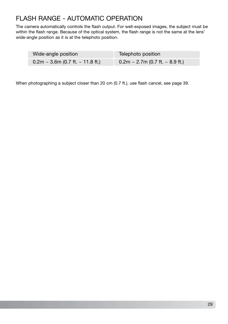 Flash range - automatic operation | Konica Minolta DiMAGE X21 User Manual | Page 29 / 112