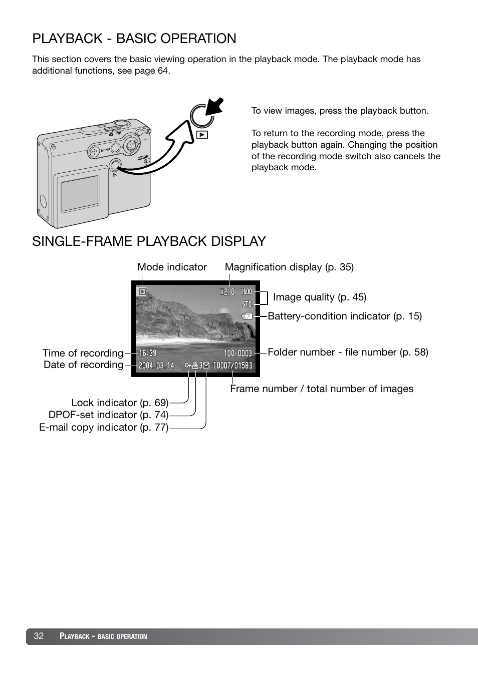 Playback - basic operation, Single-frame playback display | Konica Minolta DiMAGE X21 User Manual | Page 32 / 112