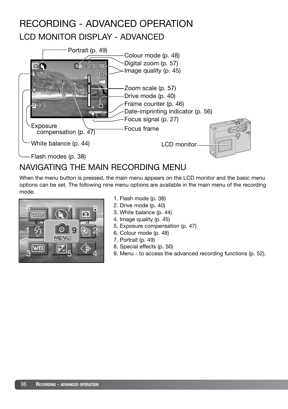Recording - advanced operation, Lcd monitor display - advanced, Navigating the main recording menu | Konica Minolta DiMAGE X21 User Manual | Page 36 / 112