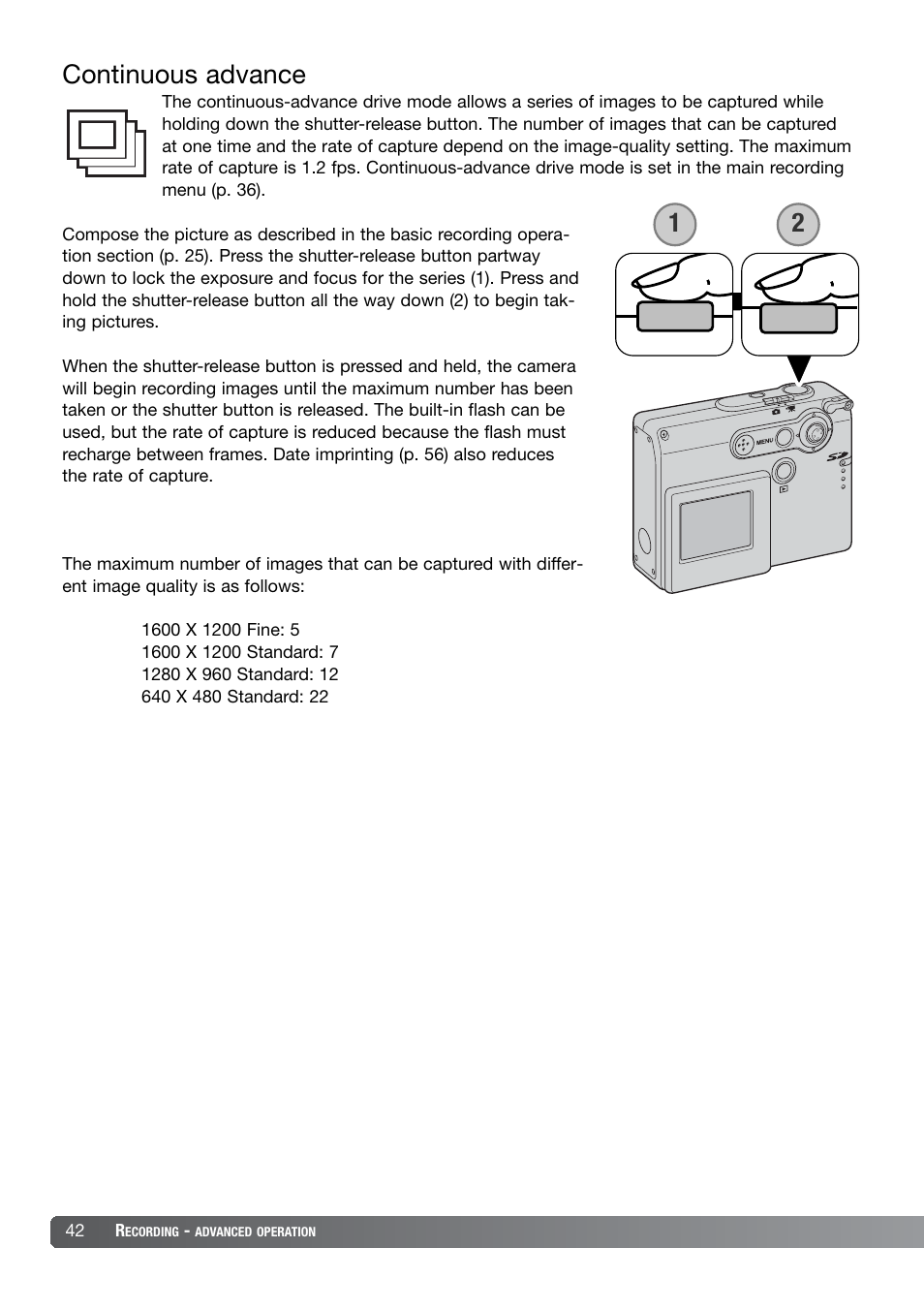 Continuous advance, Continuous advance 1 2 | Konica Minolta DiMAGE X21 User Manual | Page 42 / 112