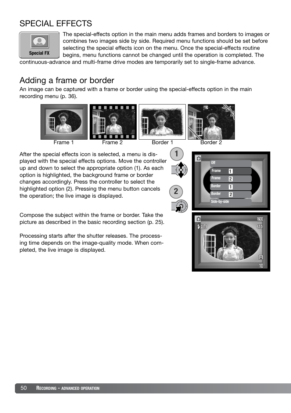 Special effects, Adding a frame or border, Special effects adding a frame or border | Konica Minolta DiMAGE X21 User Manual | Page 50 / 112
