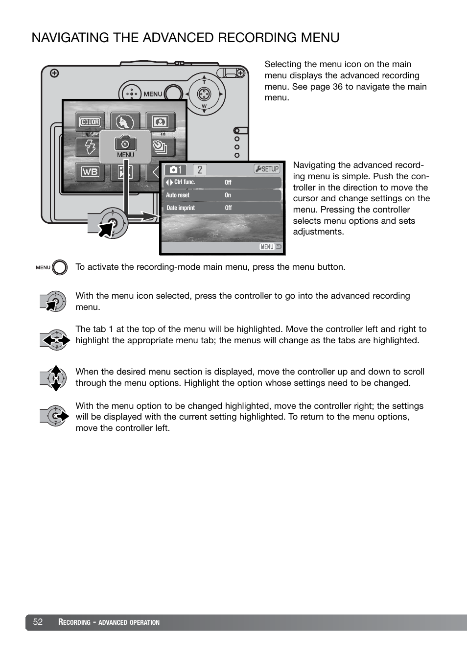 Navigating the advanced recording menu | Konica Minolta DiMAGE X21 User Manual | Page 52 / 112