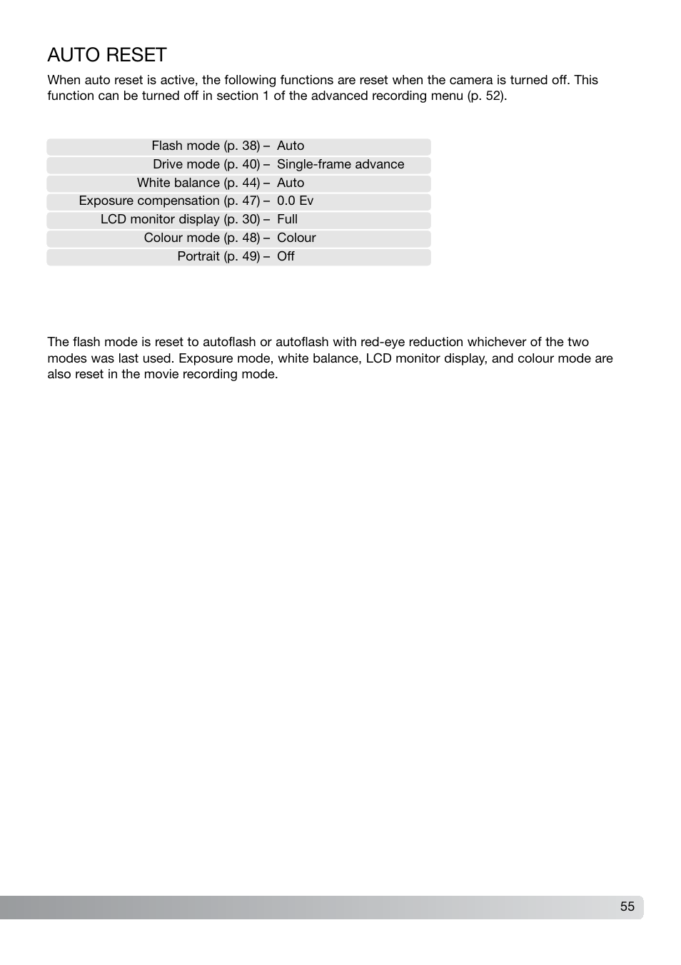 Auto reset | Konica Minolta DiMAGE X21 User Manual | Page 55 / 112