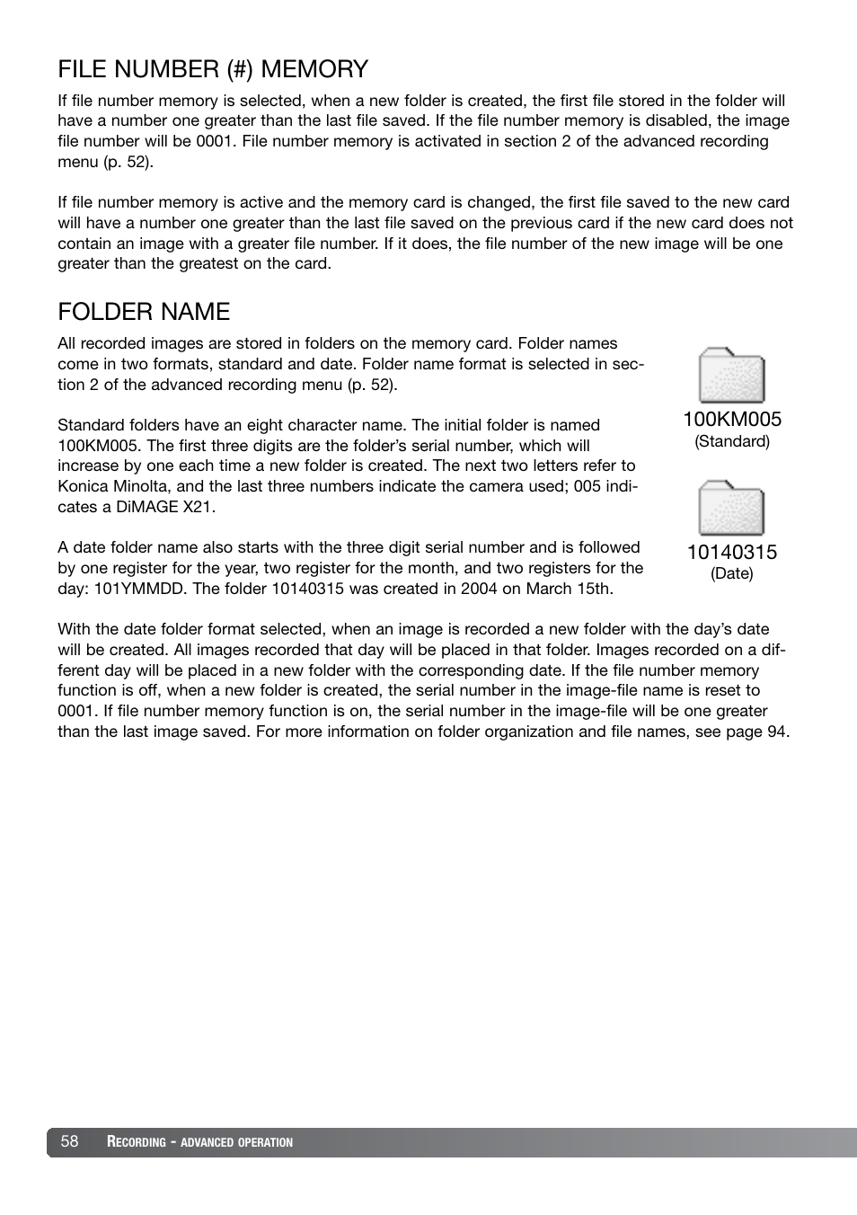 File number (#) memory folder name | Konica Minolta DiMAGE X21 User Manual | Page 58 / 112