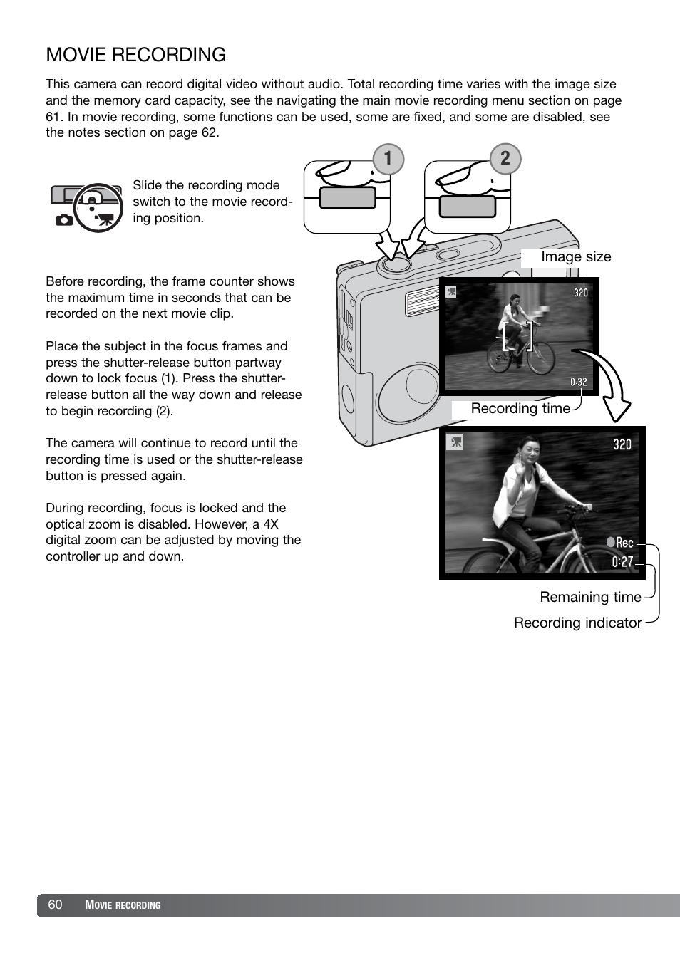 Movie recording | Konica Minolta DiMAGE X21 User Manual | Page 60 / 112