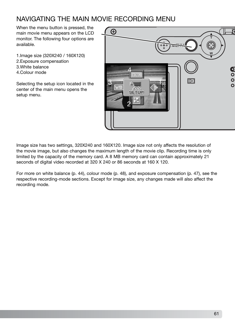 Navigating the main movie recording menu | Konica Minolta DiMAGE X21 User Manual | Page 61 / 112