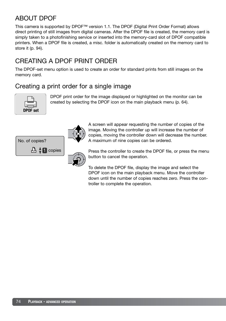 About dpof creating a dpof print order, About dpof, Creating a dpof print order | Creating a print order for a single image | Konica Minolta DiMAGE X21 User Manual | Page 74 / 112