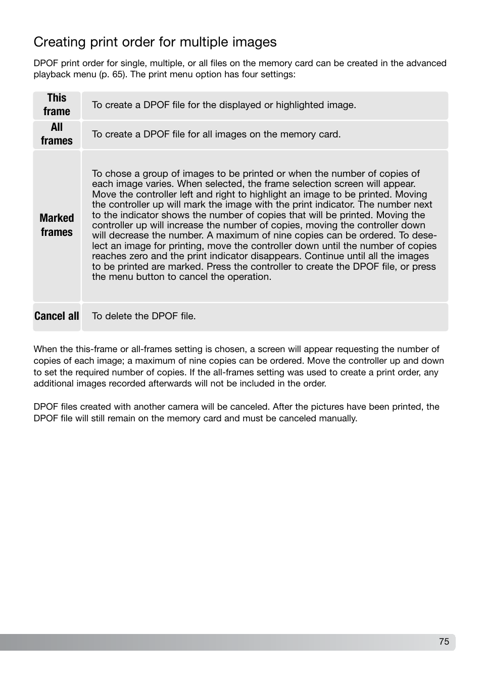 Creating print order for multiple images | Konica Minolta DiMAGE X21 User Manual | Page 75 / 112
