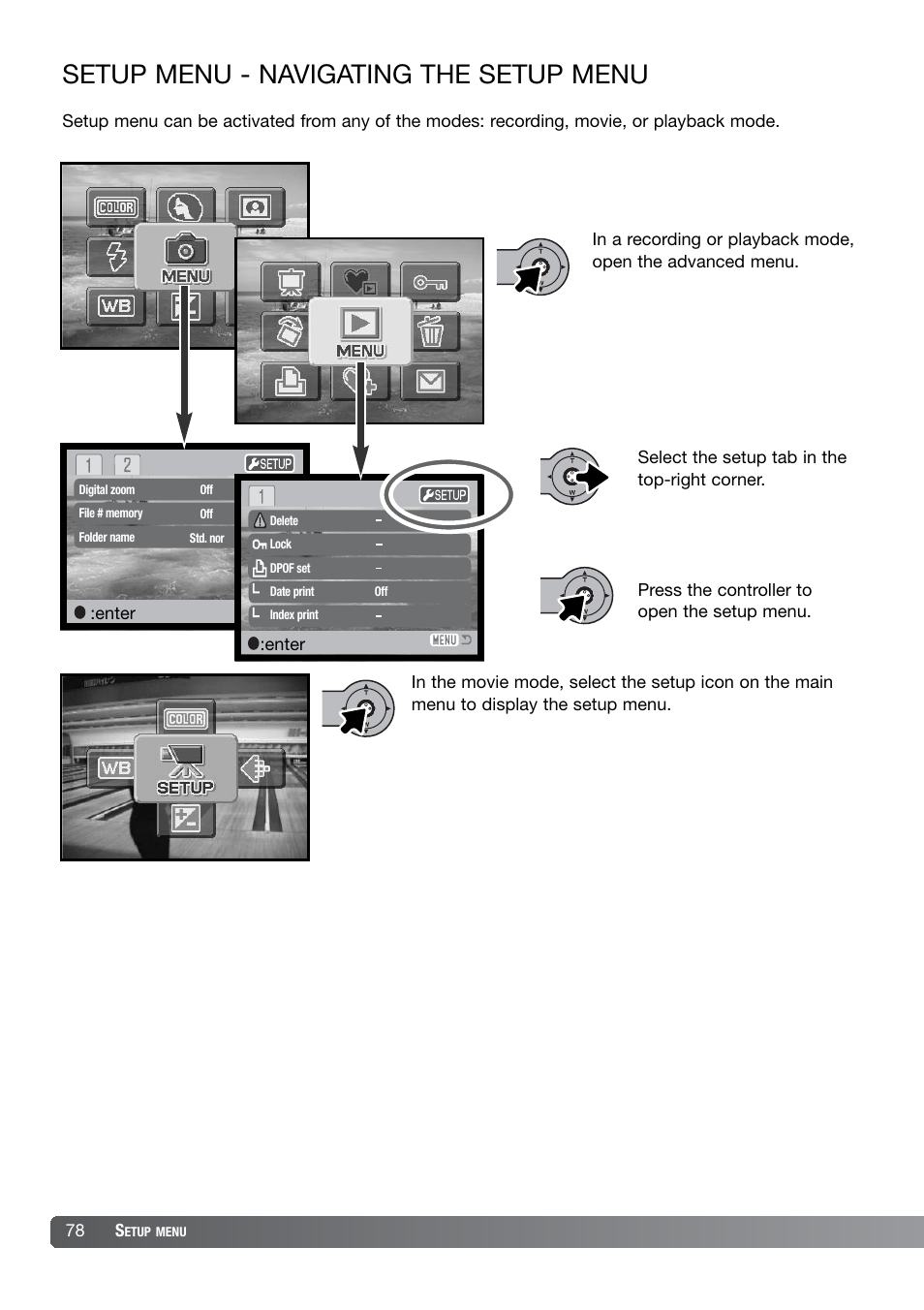 Setup menu, Navigating the setup menu, Setup menu - navigating the setup menu | Konica Minolta DiMAGE X21 User Manual | Page 78 / 112