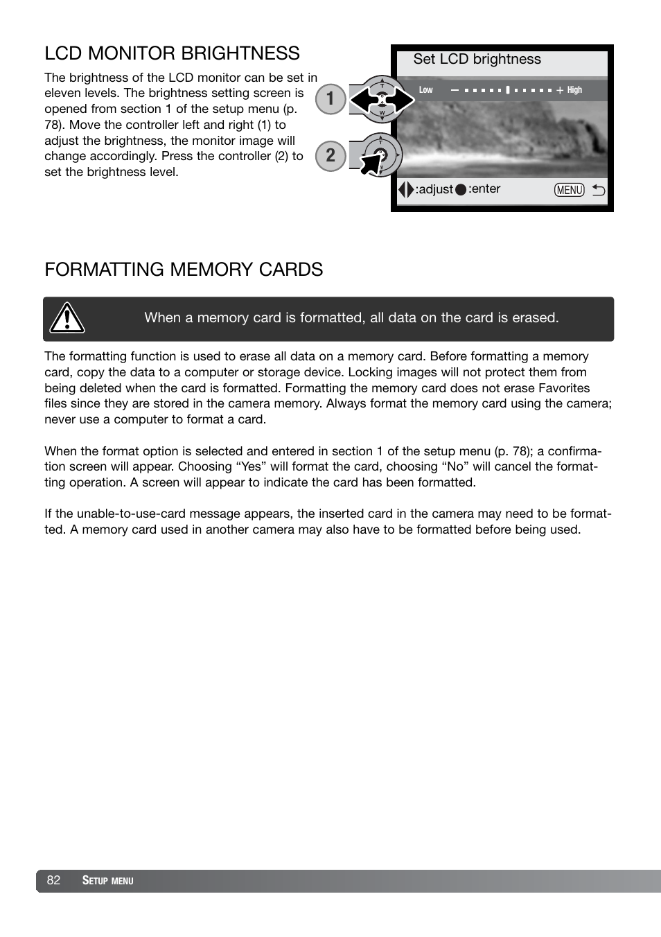 Lcd monitor brightness formatting memory cards, Lcd monitor brightness | Konica Minolta DiMAGE X21 User Manual | Page 82 / 112