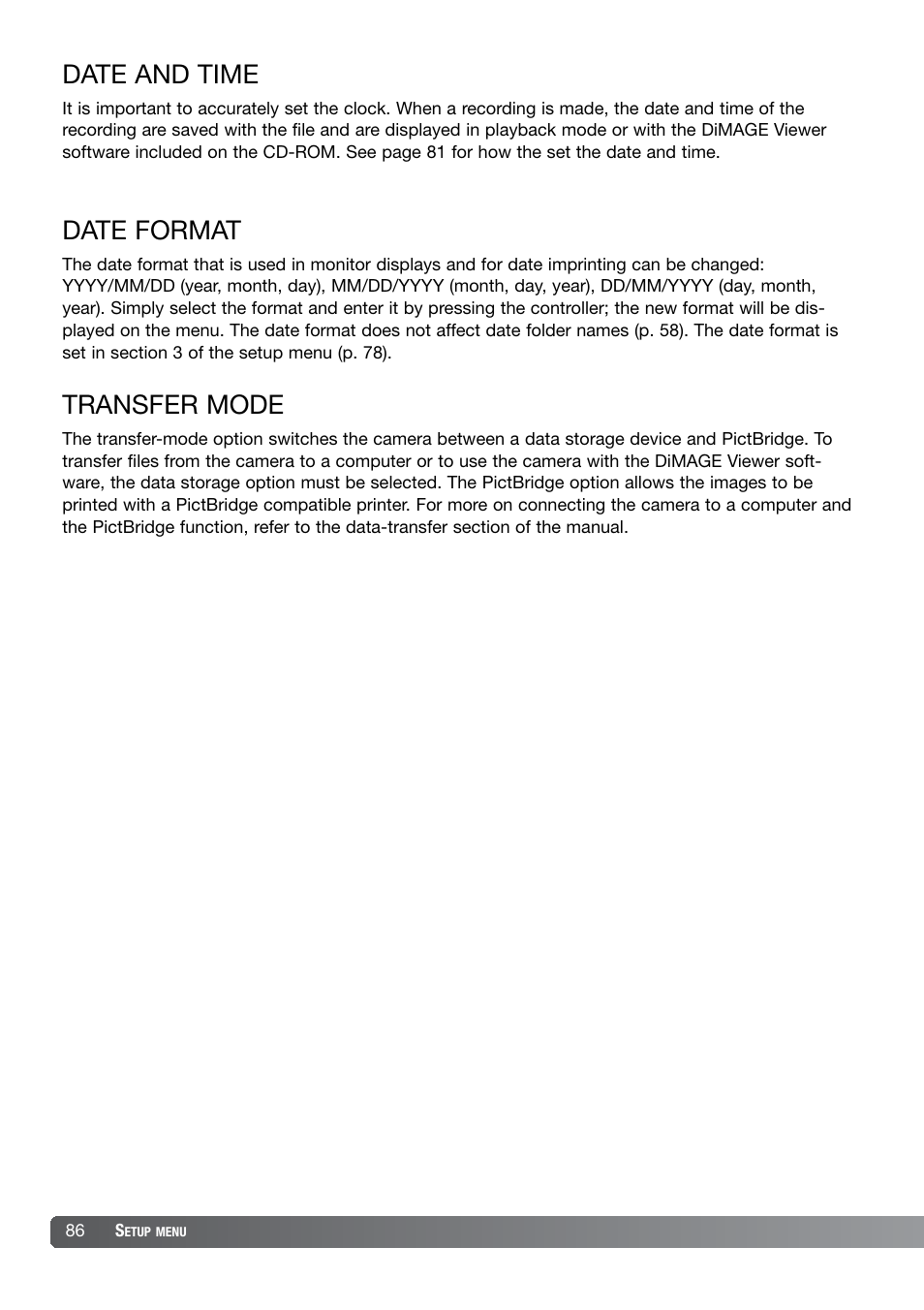 Date and time date format transfer mode, Date and time, Date format | Transfer mode | Konica Minolta DiMAGE X21 User Manual | Page 86 / 112