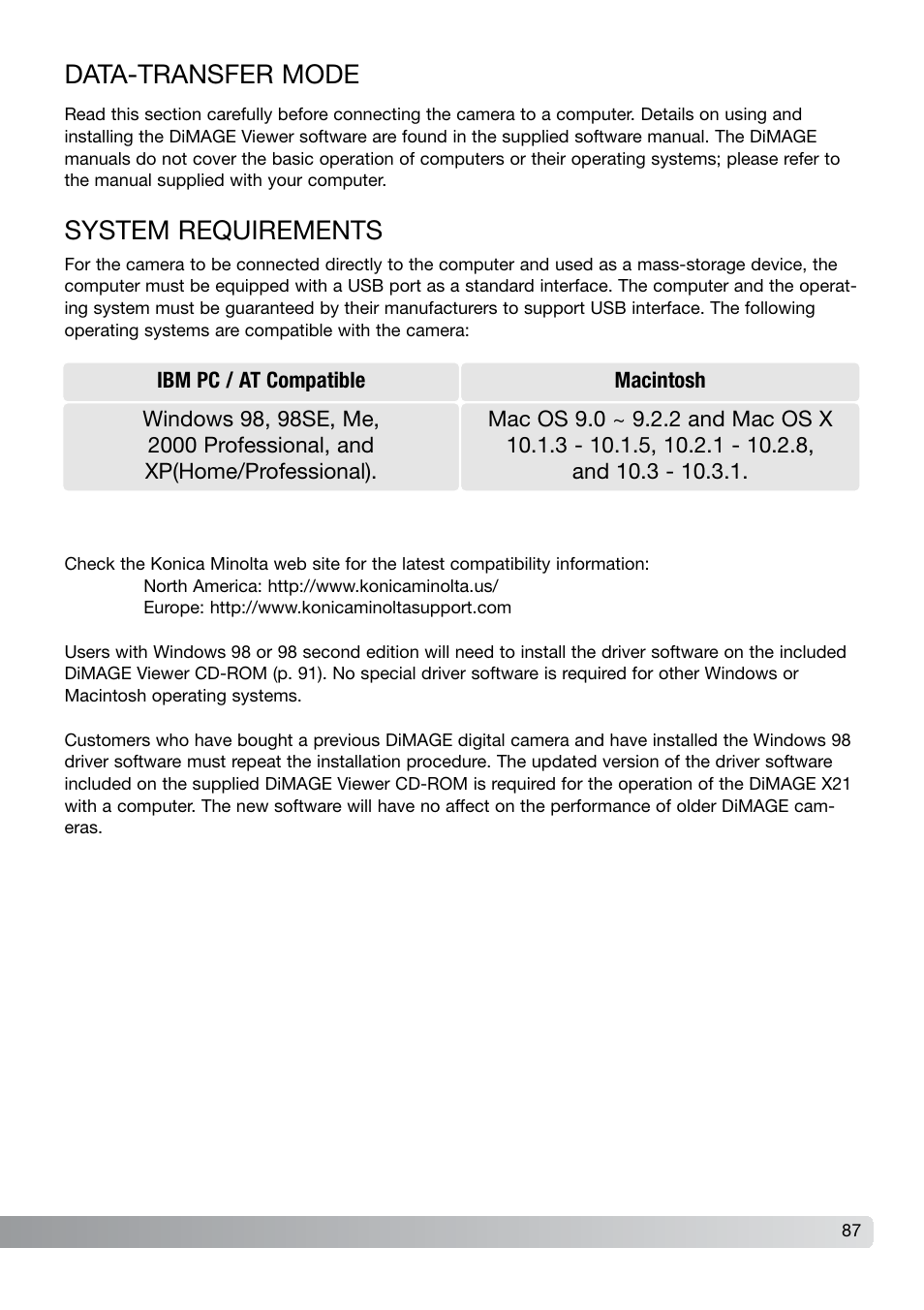Data-transfer mode, System requirements | Konica Minolta DiMAGE X21 User Manual | Page 87 / 112