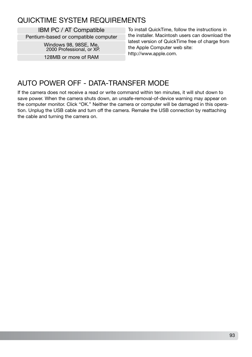 Auto power off - data-transfer mode, Quicktime system requirements | Konica Minolta DiMAGE X21 User Manual | Page 93 / 112