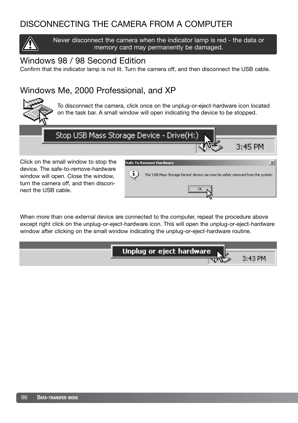Disconnecting the camera from the computer, Windows 98 / 98 second edition | Konica Minolta DiMAGE X21 User Manual | Page 96 / 112