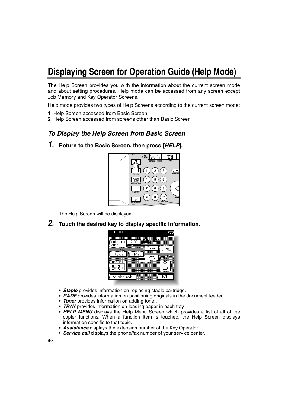 Displaying screen for operation guide (help mode), To display the help screen from basic screen, Return to the basic screen, then press [ help | Konica Minolta 7130 User Manual | Page 104 / 294