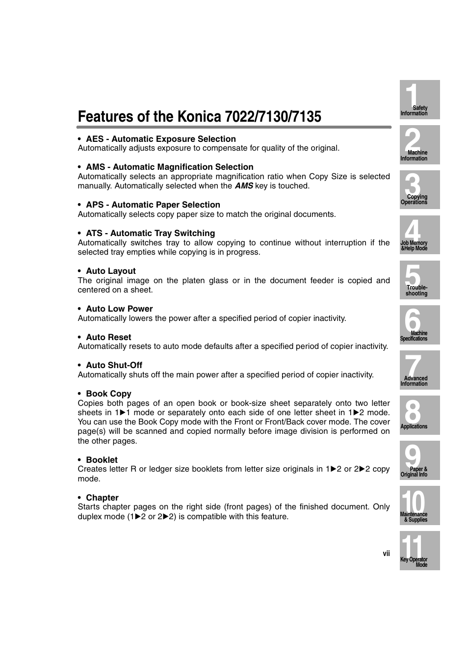 Features of the konica 7022/7130/7135 | Konica Minolta 7130 User Manual | Page 11 / 294
