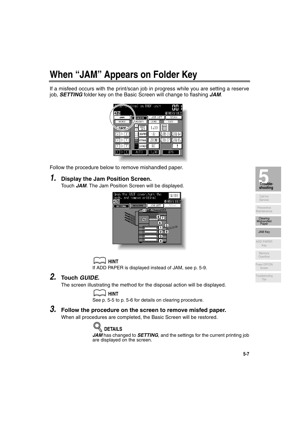 When “jam” appears on folder key | Konica Minolta 7130 User Manual | Page 113 / 294