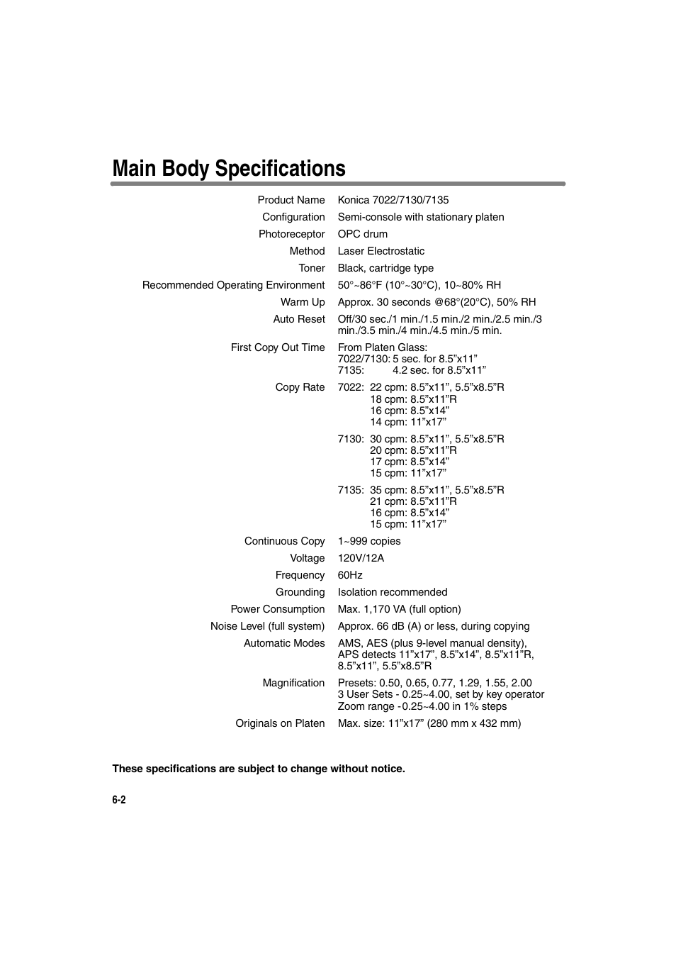 Main body specifications | Konica Minolta 7130 User Manual | Page 124 / 294
