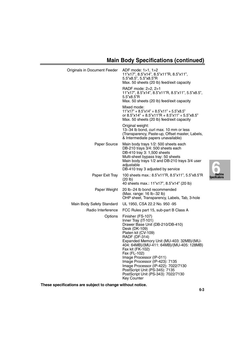 Main body specifications (continued) | Konica Minolta 7130 User Manual | Page 125 / 294