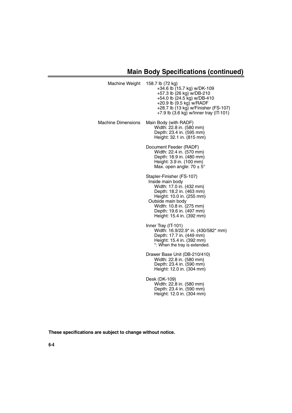 Main body specifications (continued) | Konica Minolta 7130 User Manual | Page 126 / 294