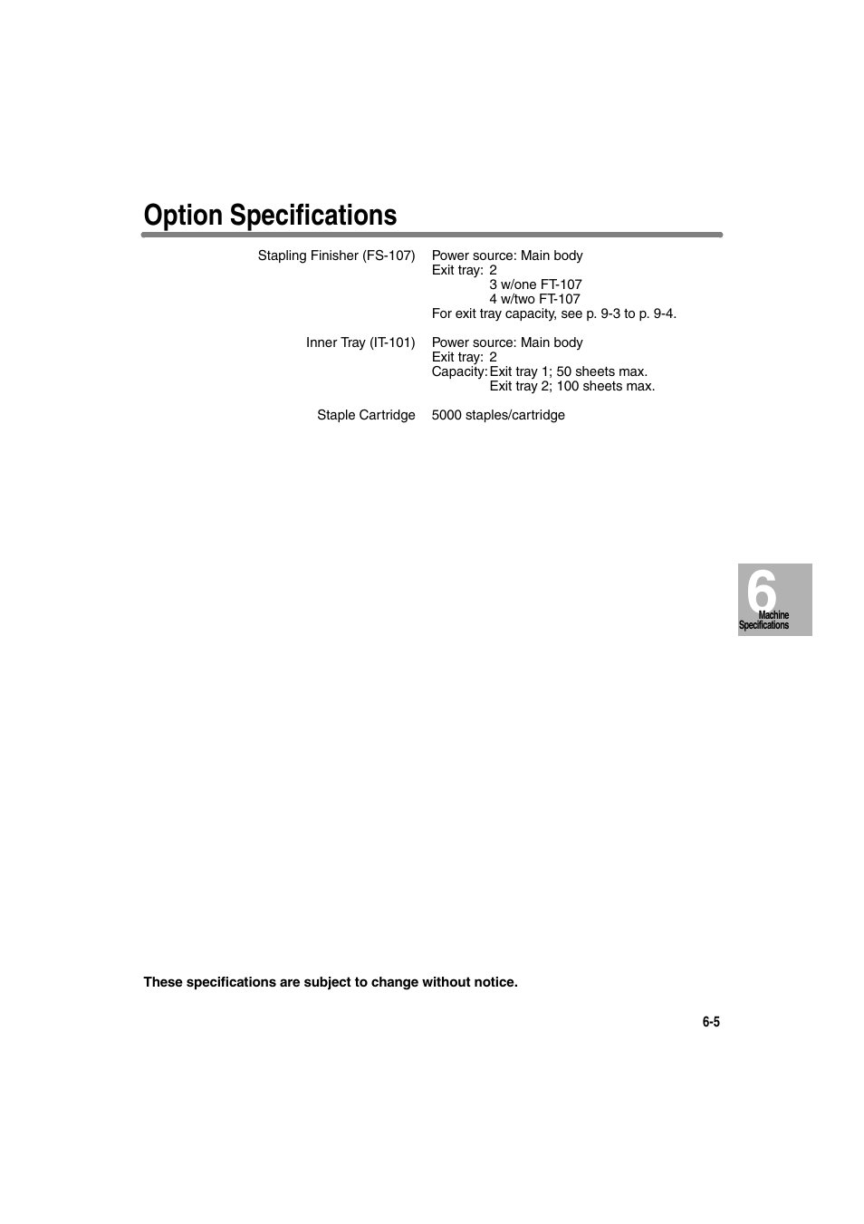 Option specifications | Konica Minolta 7130 User Manual | Page 127 / 294