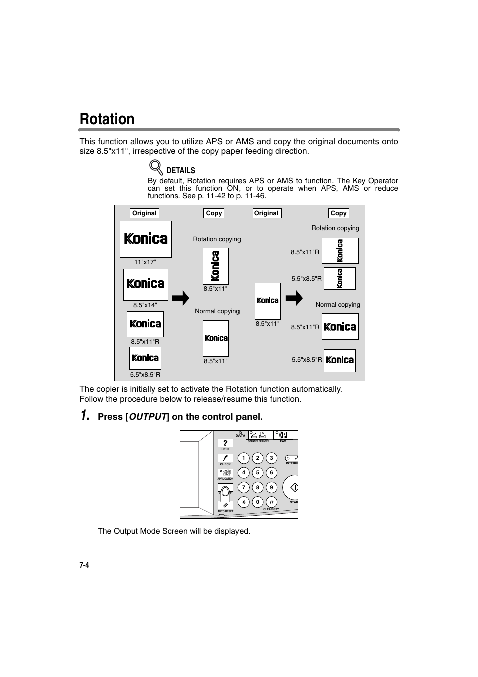 Rotation, Press [ output ] on the control panel, The output mode screen will be displayed | Konica Minolta 7130 User Manual | Page 134 / 294