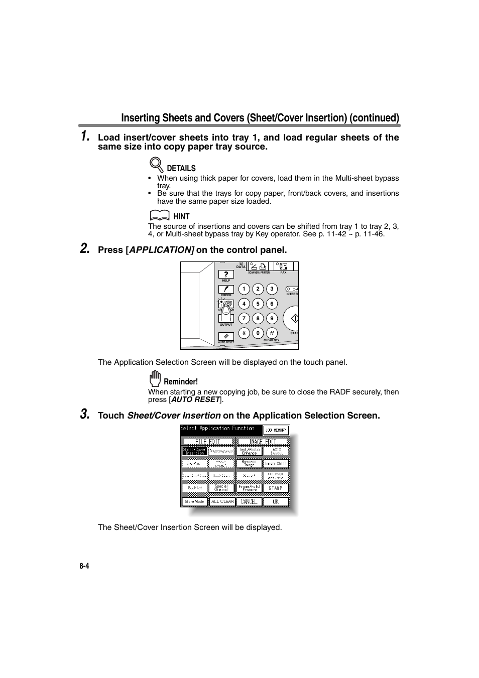 Press [ application] on the control panel, Details, Hint | Reminder | Konica Minolta 7130 User Manual | Page 142 / 294