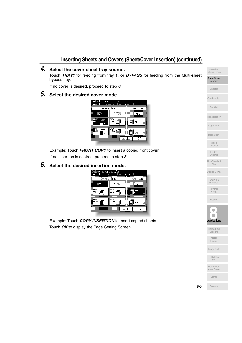 Select the cover sheet tray source, Select the desired cover mode, Select the desired insertion mode | Konica Minolta 7130 User Manual | Page 143 / 294