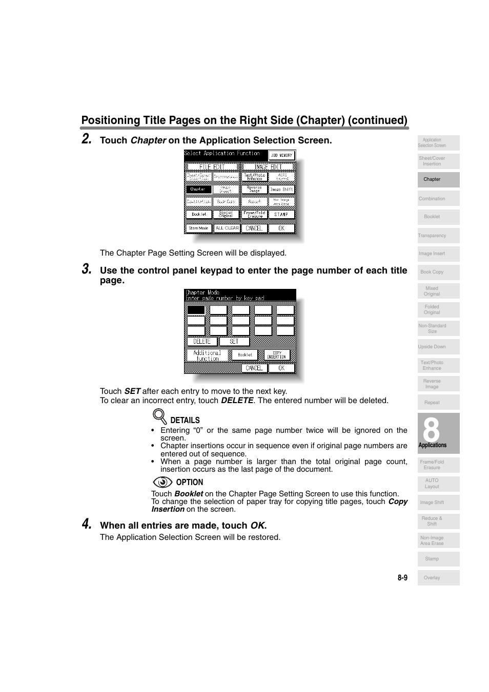 Touch chapter on the application selection screen, When all entries are made, touch ok | Konica Minolta 7130 User Manual | Page 147 / 294