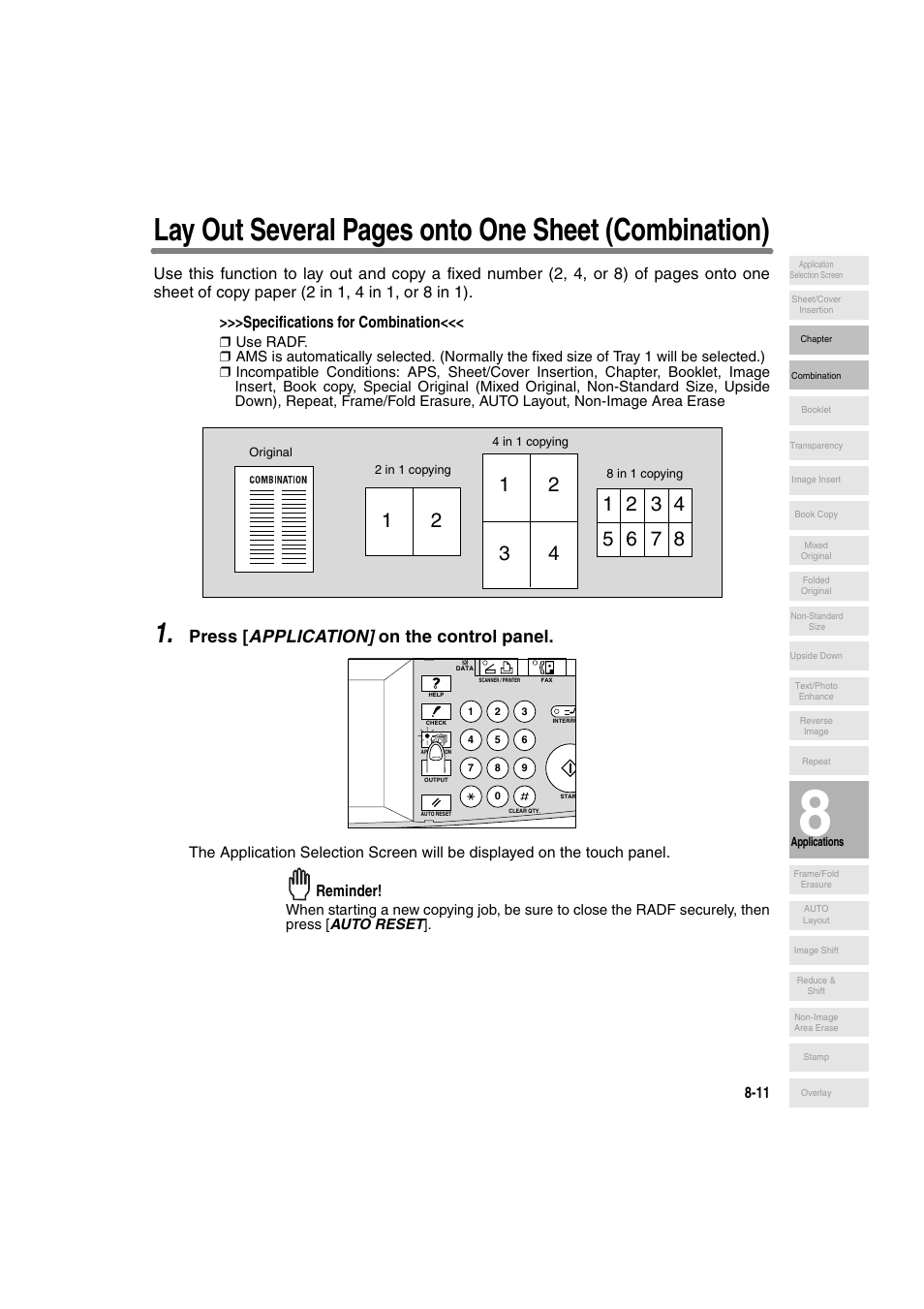 Lay out several pages onto one sheet (combination), Press [ application] on the control panel | Konica Minolta 7130 User Manual | Page 149 / 294