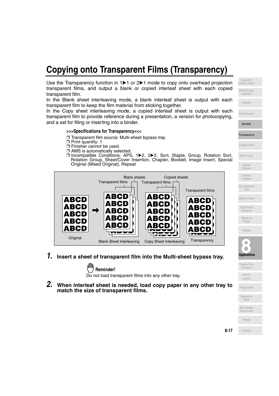 Copying onto transparent films (transparency) | Konica Minolta 7130 User Manual | Page 155 / 294