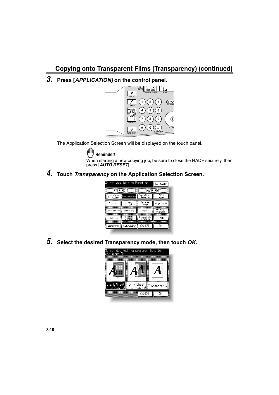 Press [ application] on the control panel, Reminder | Konica Minolta 7130 User Manual | Page 156 / 294