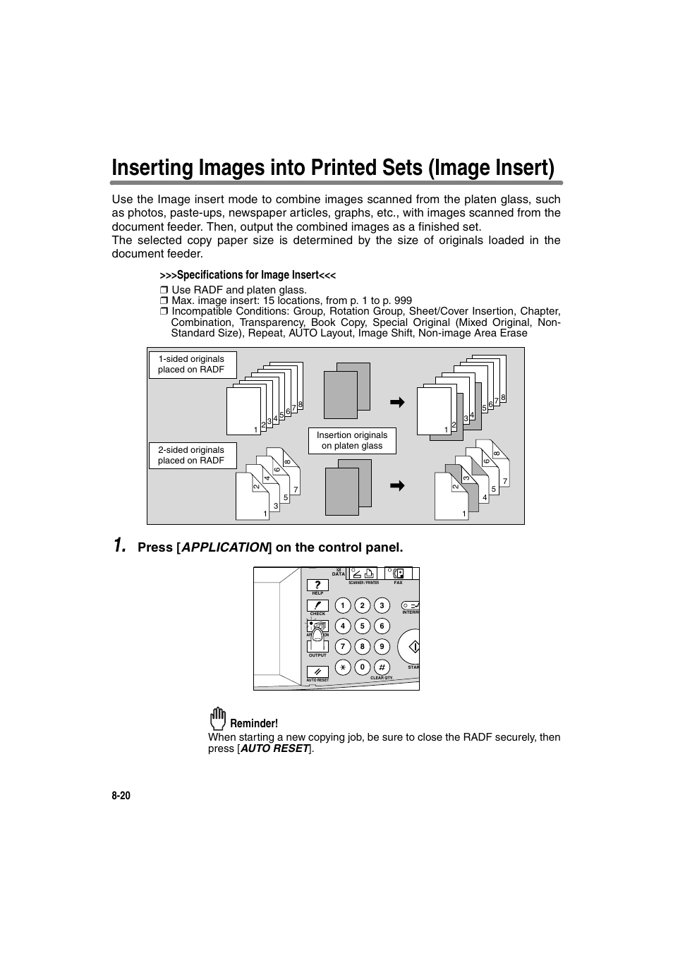 Inserting images into printed sets (image insert), Press [ application ] on the control panel, Reminder | Konica Minolta 7130 User Manual | Page 158 / 294