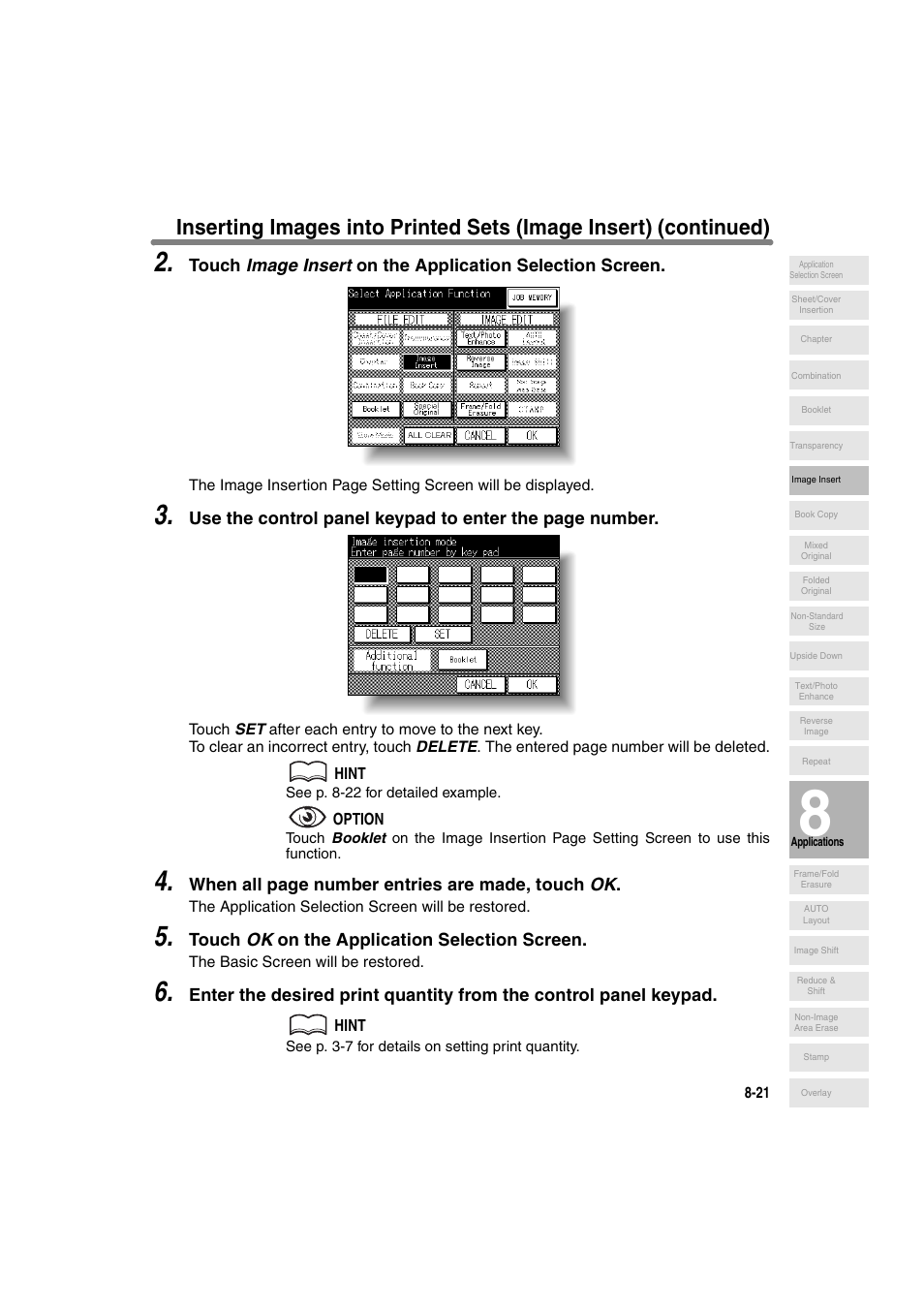 When all page number entries are made, touch ok, Touch ok on the application selection screen | Konica Minolta 7130 User Manual | Page 159 / 294