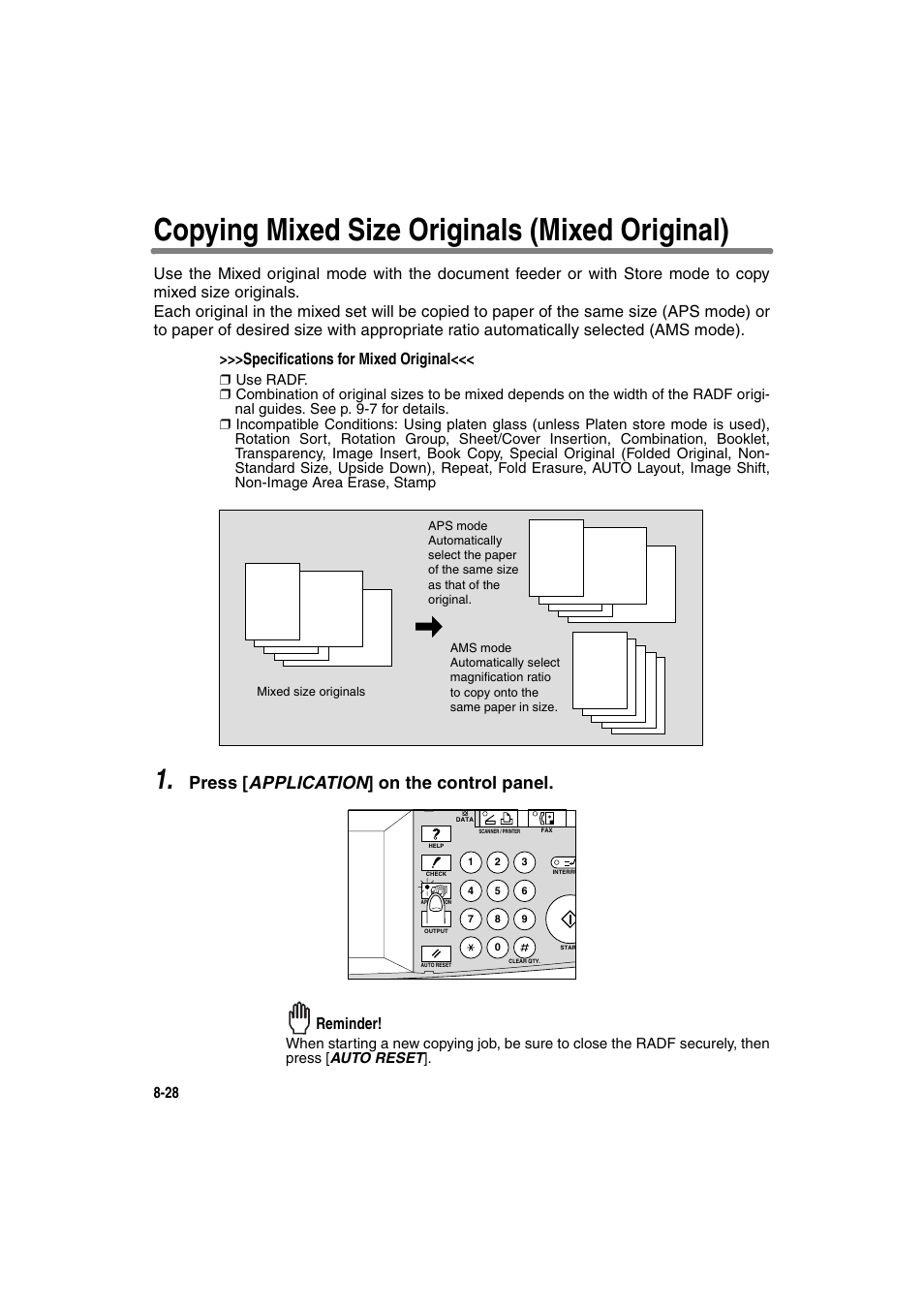 Copying mixed size originals (mixed original), Press [ application ] on the control panel, Reminder | Konica Minolta 7130 User Manual | Page 166 / 294