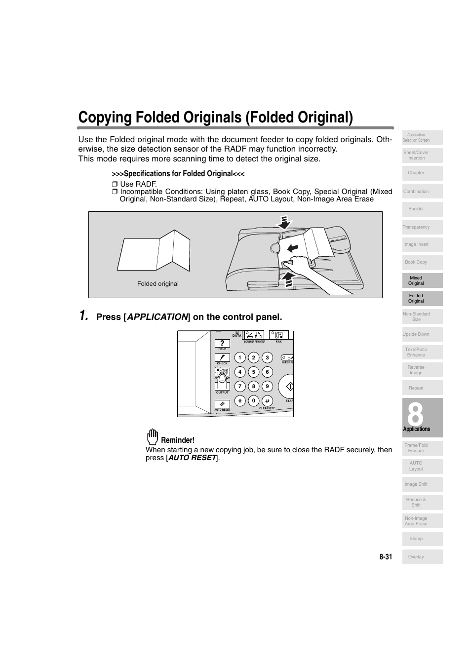 Copying folded originals (folded original), Press [ application ] on the control panel, Reminder | Konica Minolta 7130 User Manual | Page 169 / 294
