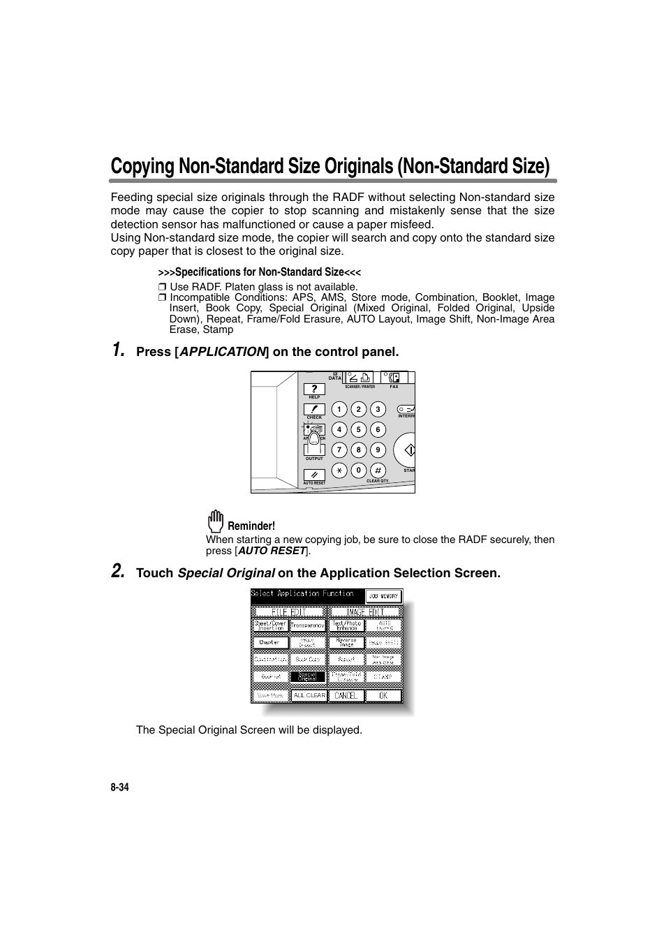 Press [ application ] on the control panel, Reminder | Konica Minolta 7130 User Manual | Page 172 / 294