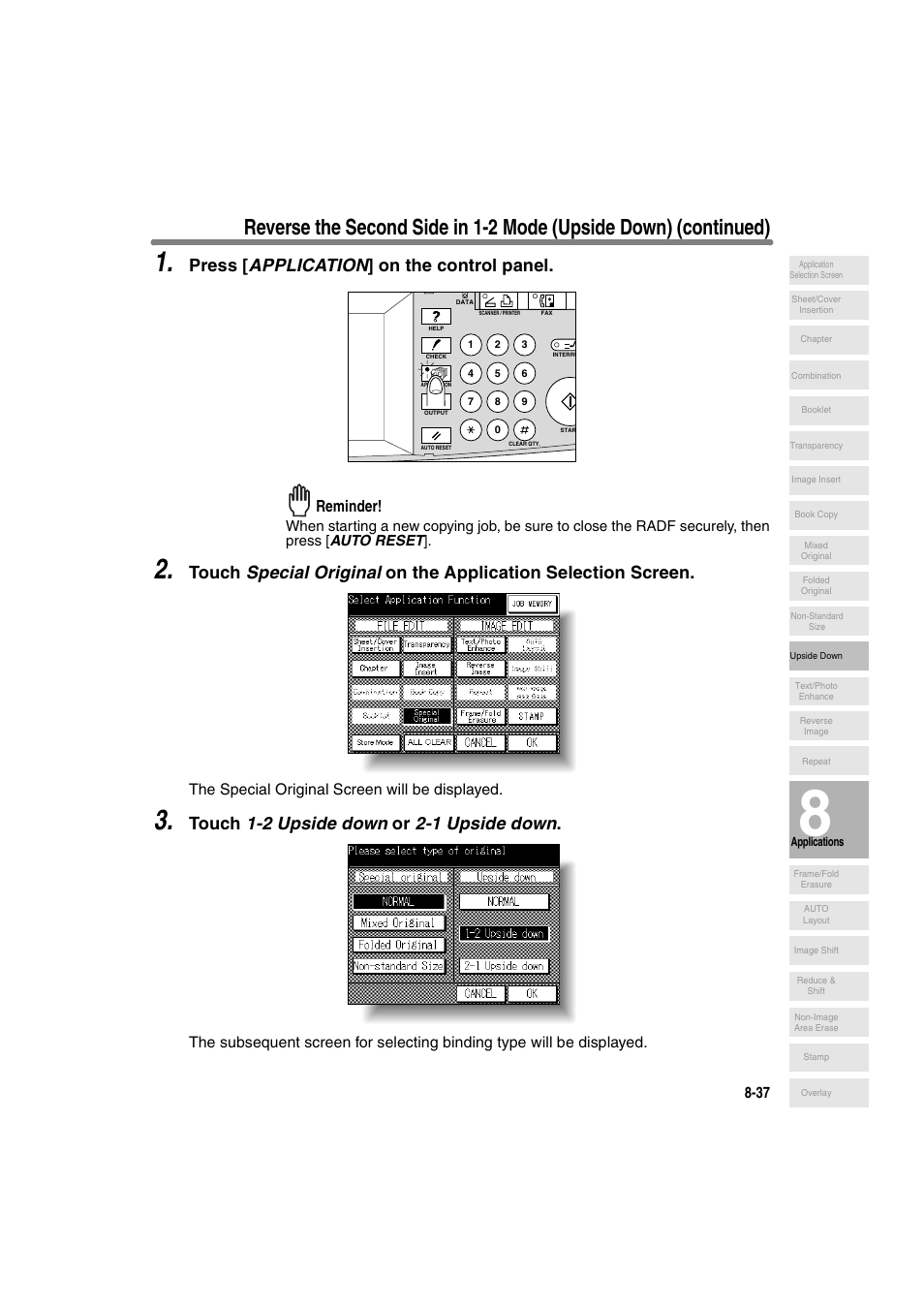 Press [ application ] on the control panel, Touch 1-2 upside down or 2-1 upside down, Reminder | The special original screen will be displayed | Konica Minolta 7130 User Manual | Page 175 / 294