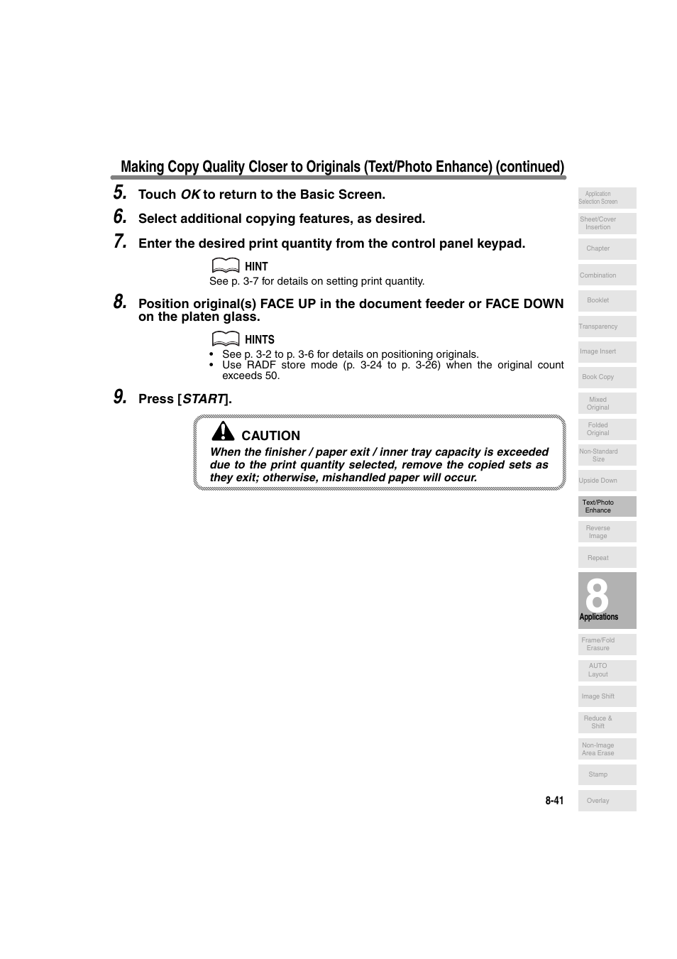 Touch ok to return to the basic screen, Select additional copying features, as desired, Press [ start ]. caution | Konica Minolta 7130 User Manual | Page 179 / 294