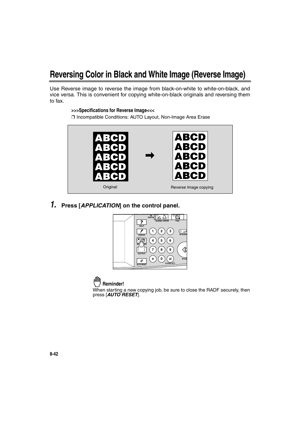 Press [ application ] on the control panel, Reminder | Konica Minolta 7130 User Manual | Page 180 / 294